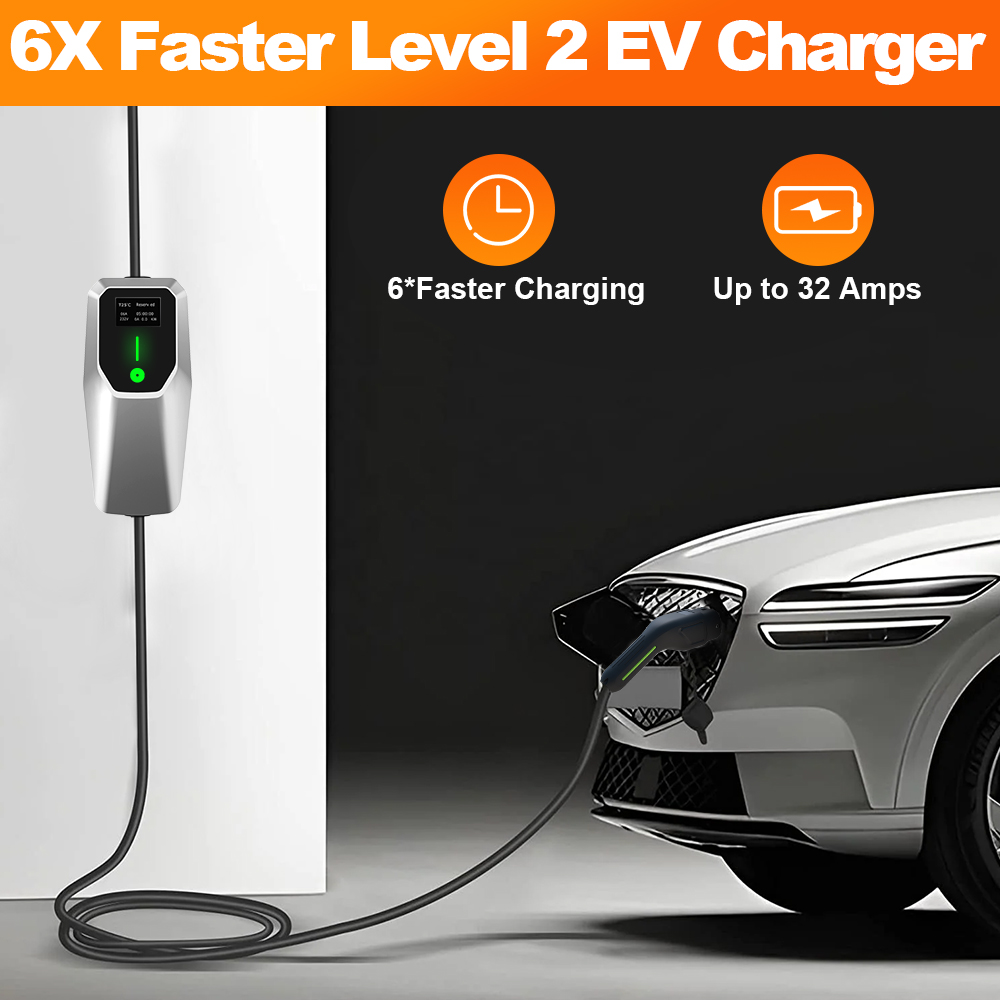 J1772 Evse 32A Level 2 Charger - จุนซัน 32A เครื่องชาร์จรถยนต์ไฟฟ้าระดับ 1&2 110V-240V สถานีชาร์จรถยนต์ไฟฟ้าแบบพกพาพร้อมสายเคเบิลยาว