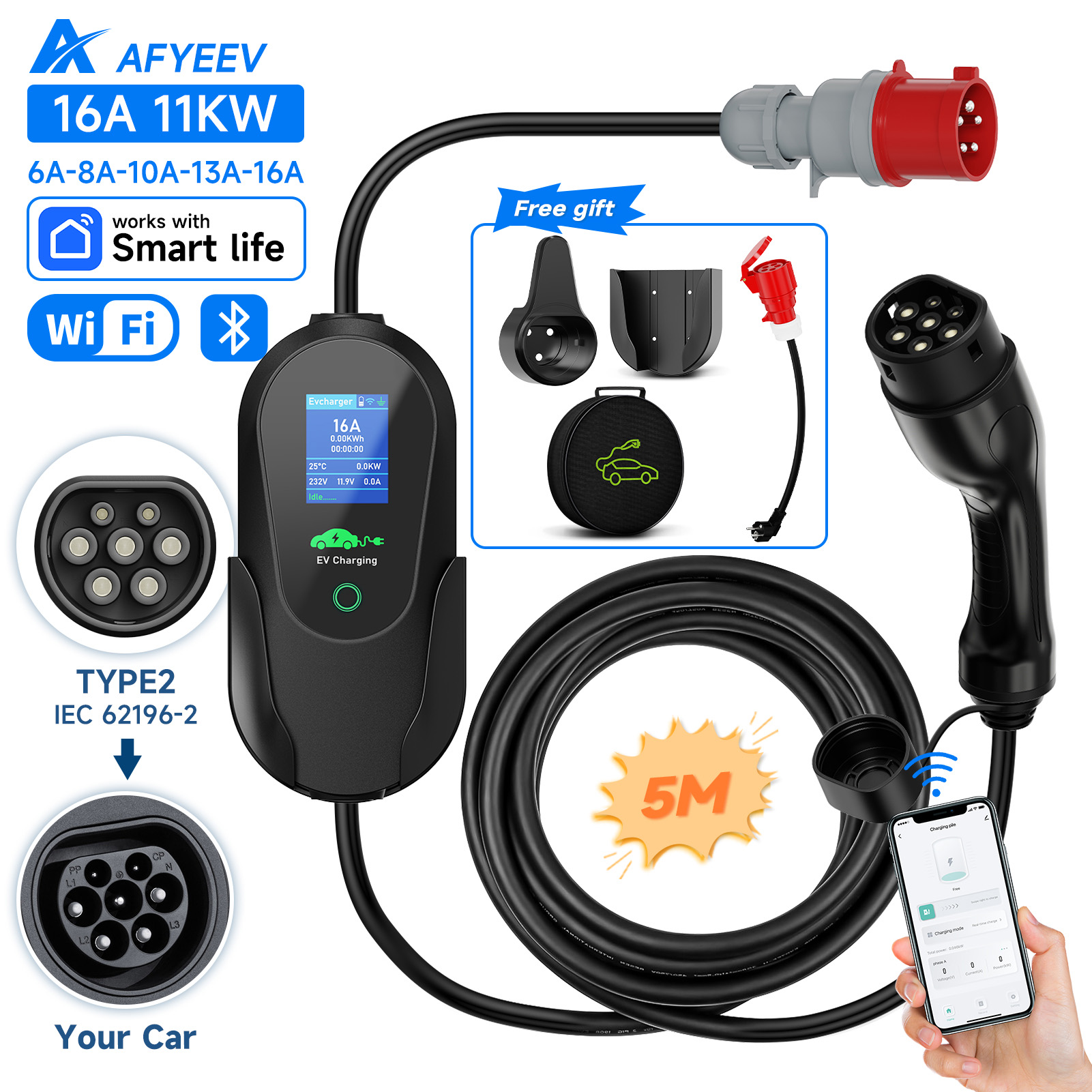 AFYEEV Type2 แบบพกพา EV Charge - Type 2 Portable Ev Charger 11Kw Cee บทวิจารณ์และราคา